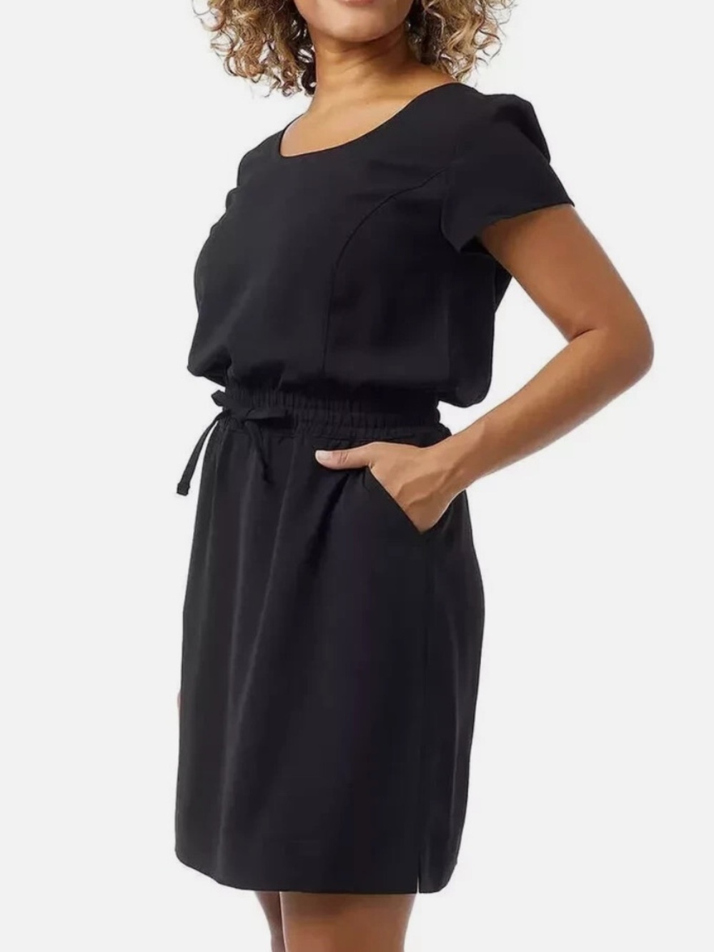 32 Degrees Women's Twill Short Sleeve Drawstring Waist Dress in Black Large